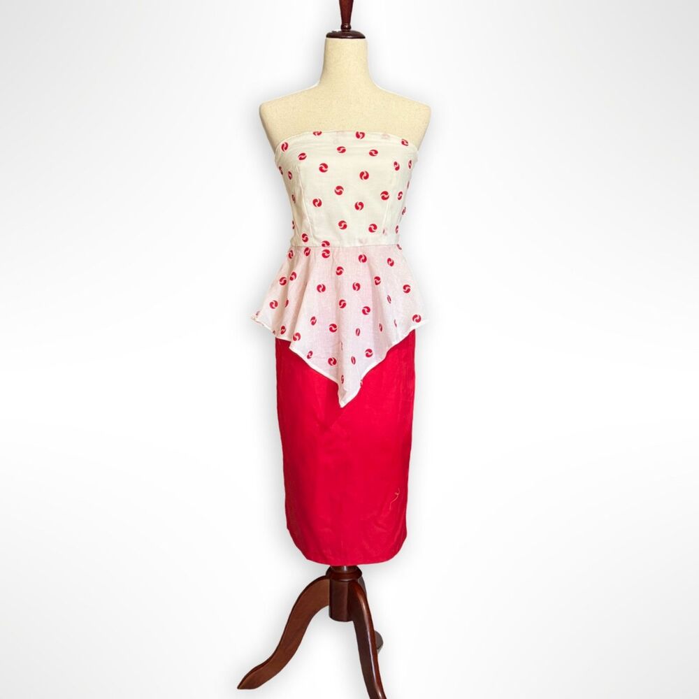 Vintage Handmade Red & White Strapless Peplum Tube Dress, XS OOAK